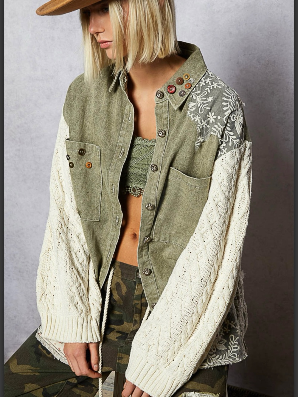 POL NWOT Olive Embroidered Patchwork Cable Knit Sleeve Shacket S